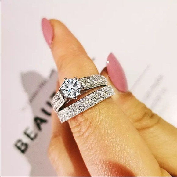 2PC 925 STERLING SILVER CUBIC ZIRCON SET RING + BAND - Picture 3 of 6